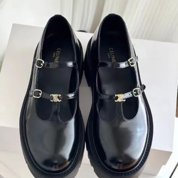 Celine Black Patent Double-Strap Mary Jane Loafers with Gold Triomphe - Picture 2 of 4